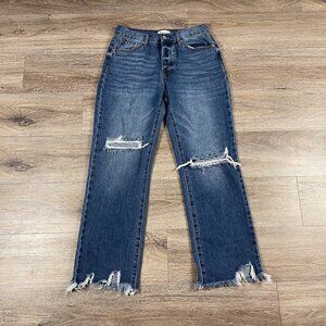 Special A Women's Jeans Straight Leg Distressed Shark Bite Fringe Hem Sz. 7 Blue